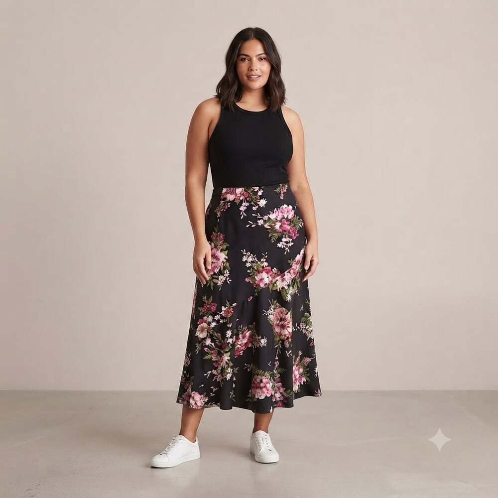 The Pyramid Collection Black Floral Print Rayon Midi Skirt 1X
